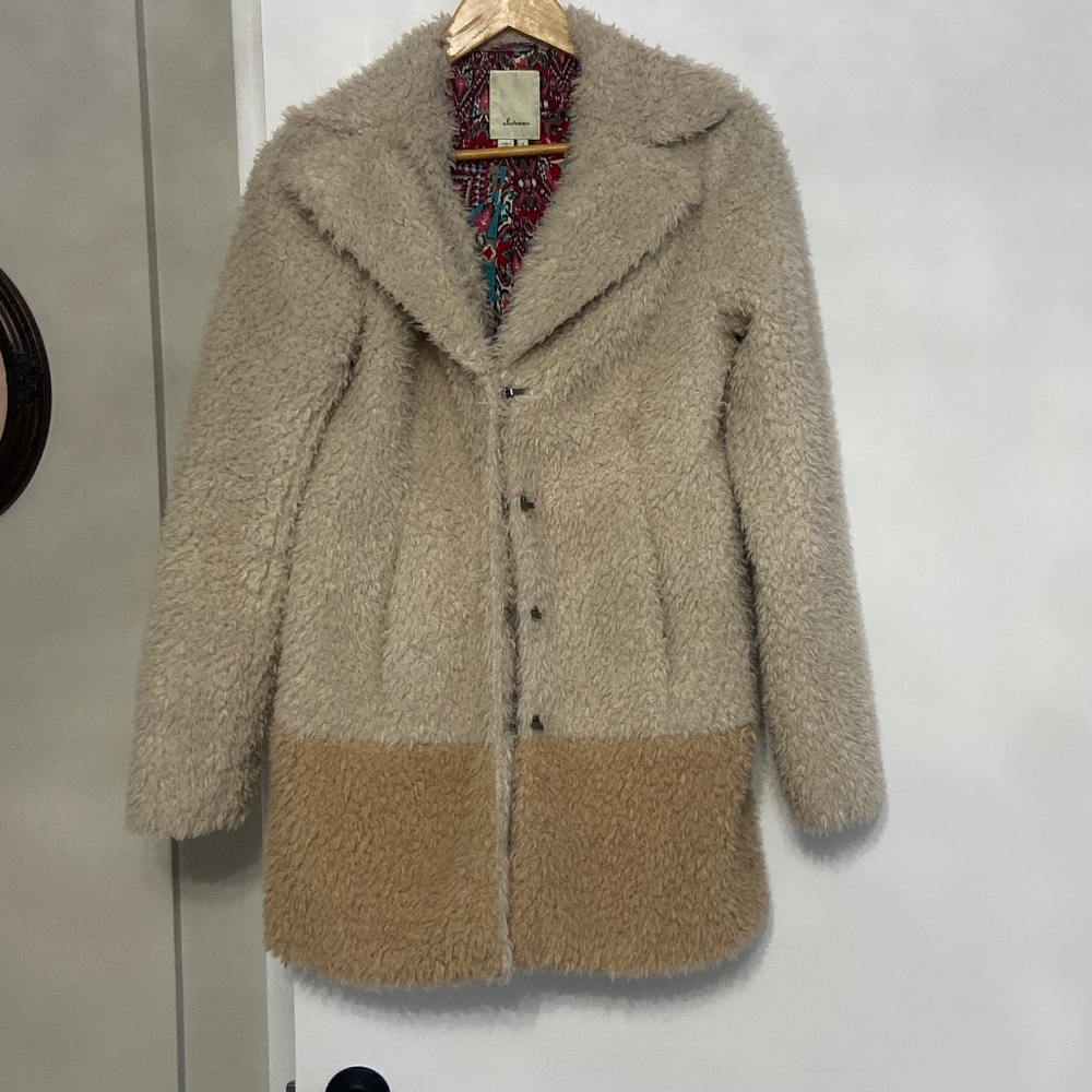 Anthropologie Elevenses Fira Sherpa Coat Size S Cream Tan Cozy Lined